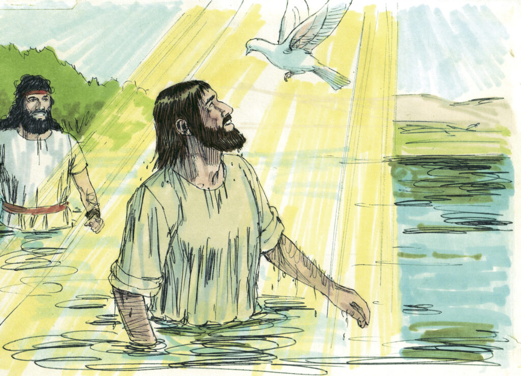 Illustration of Jesus' baptism with John the baptism in the background. We are preparing for worship by examining what this event in Jesus' life means for us.